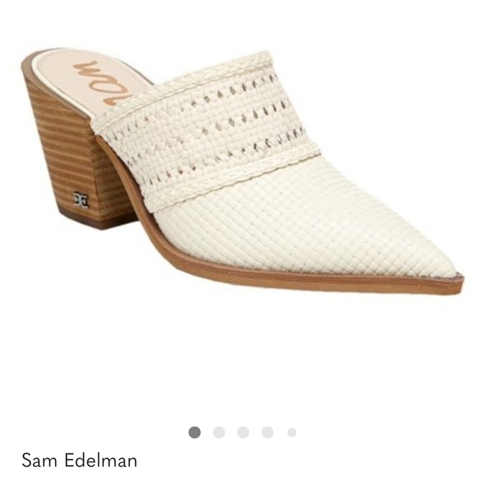 Sam Edelman Cream Woven Pointed Mule with Stacked Heel